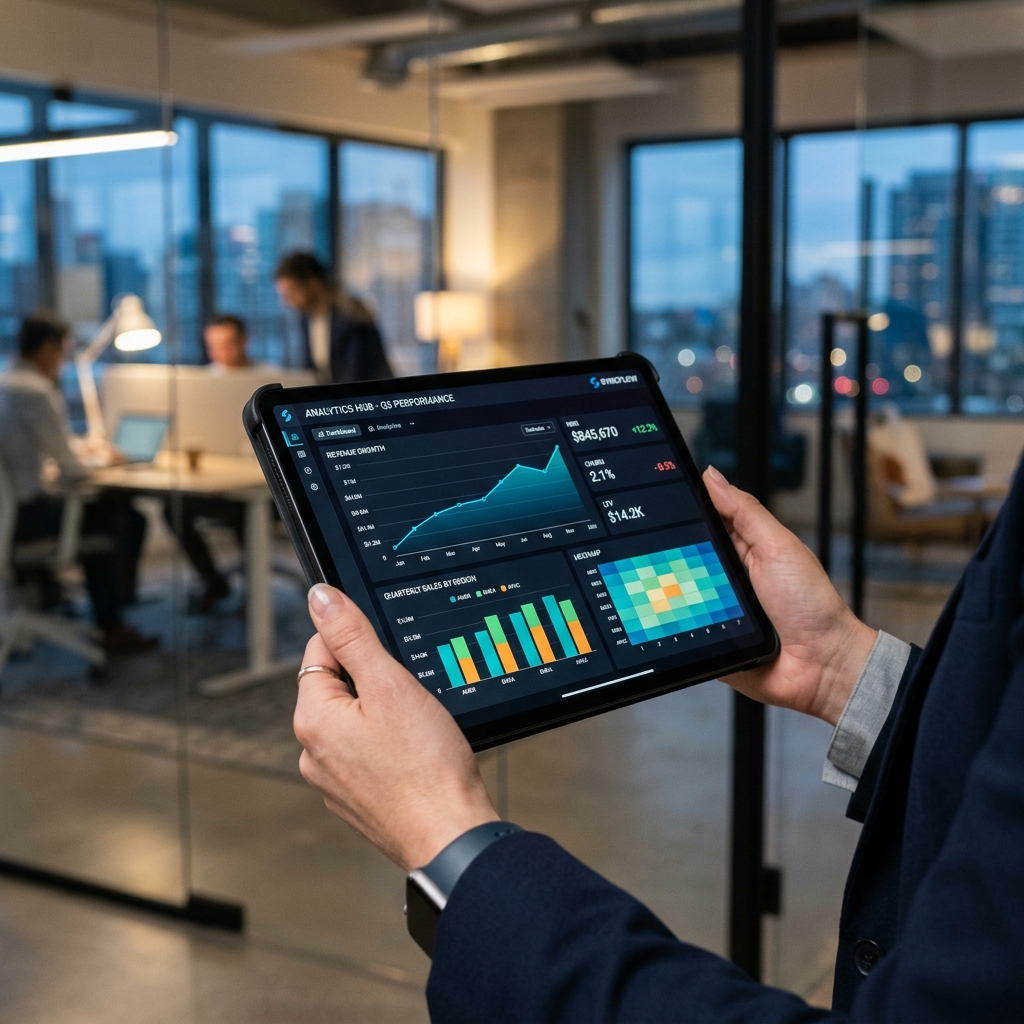 Tablet showing analytics and charts dashboard of manpower management